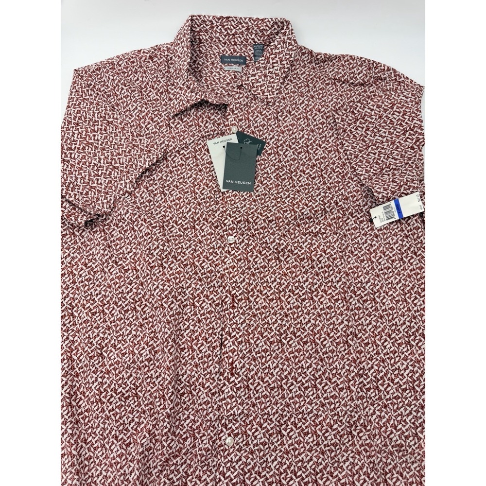 Mens Van Heusen XL Merlot Leaf Print Short Sleeve Shirt Regular Fit